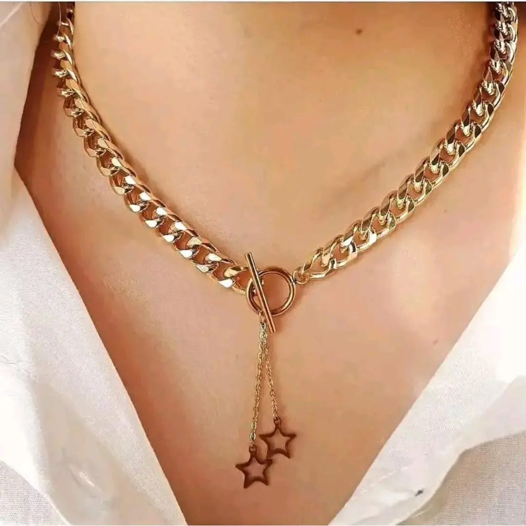 گردنبند کارتیر استیل با آویز ستاره و قفل تی (ویولت گالری) کد ۱۲۶۲