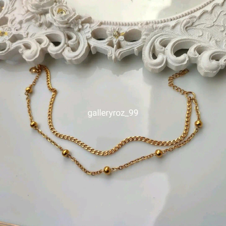 دستبند پابند زنانه ظریف ترکیب کارتیر و زنجیر توپی جنس استیل (ویولت گالری) کد ۷۰۸۲