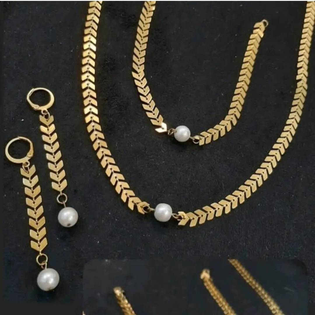 ست گردنبند دستبند گوشواره استیل زنانه طرح گندمی یا تیغ ماهی (ویولت گالری) کد ۱۹۴۰