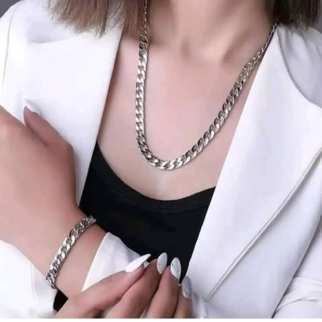 نیمست گردنبند دستبند کارتیر نقره ای ضخیم زنانه استیل رنگ ثابت (ویولت گالری) کد ۱۹۴۲