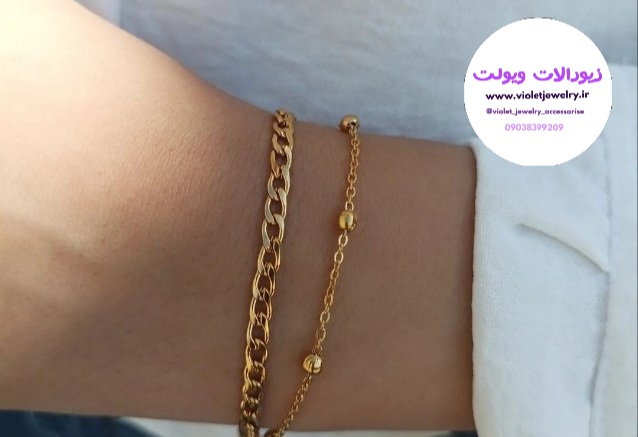 دستبند زنانه دولاین کارتیر و زنجیرتوپی طلایی استیل کد ۱۳۶۶