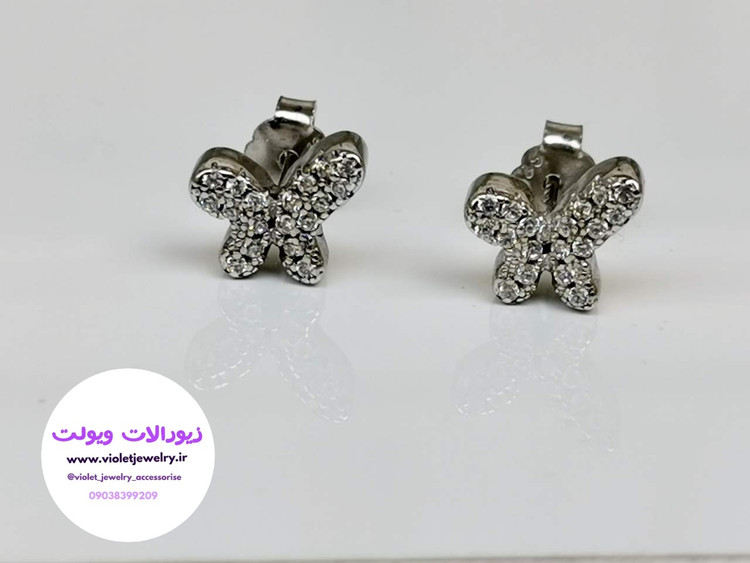 گوشواره نقره پشت میخی دخترانه طرح پروانه کد ۰۲۳