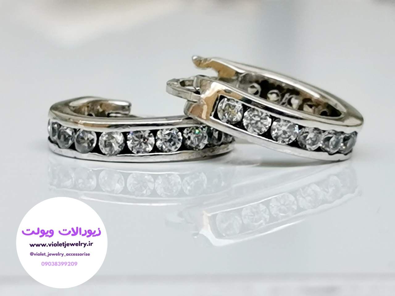گوشواره نقره مدل حلقه ای نگین دار یه ردیفی وزن ۳.۵ گرم قطر ۱ سانت کد ۰۳۳
