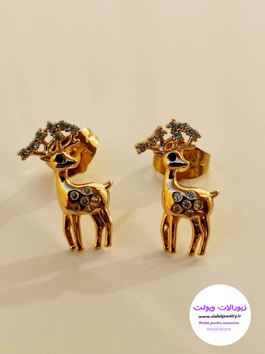 گوشواره میخی طلایی طرح آهو برند ژوپینگ کد ۱۱۶۱