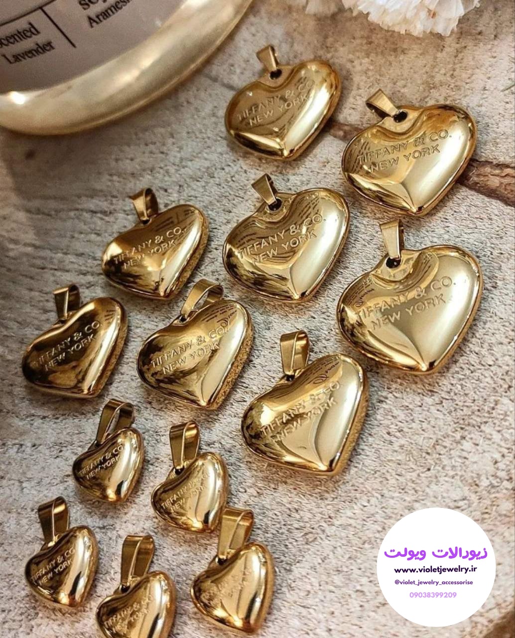 آویز تیفانی مدل قلبی استیل طلایی دو سایز بزرگ و کوچک کد ۴۰۵۴