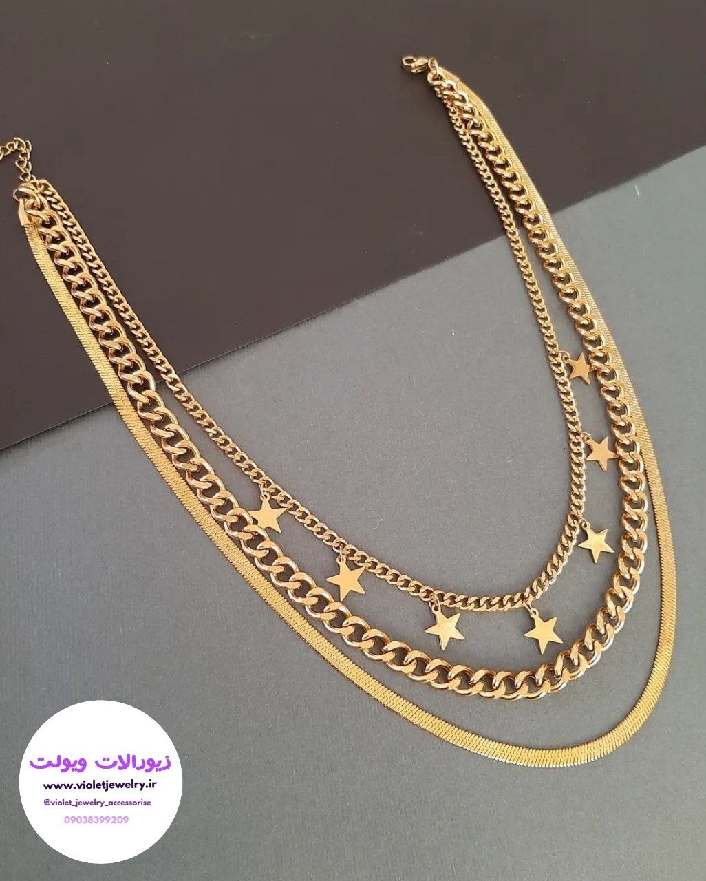 گردنبند زنانه ۳لاین کارتیر و ماری با آویز ستاره جنس استیل کد ۱۲۱۵۹
